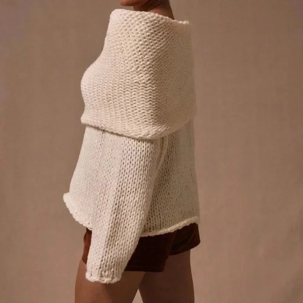 Cream Casual Women's Oversized Foldover Boat Neck Knit Jumper